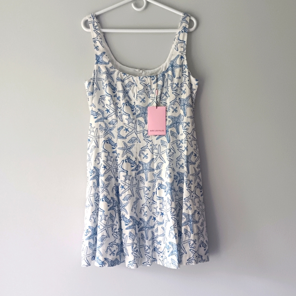 New Avec Les Filles Mini A-Line Scoop Neck Dress Starfish Anchors Blue White 12